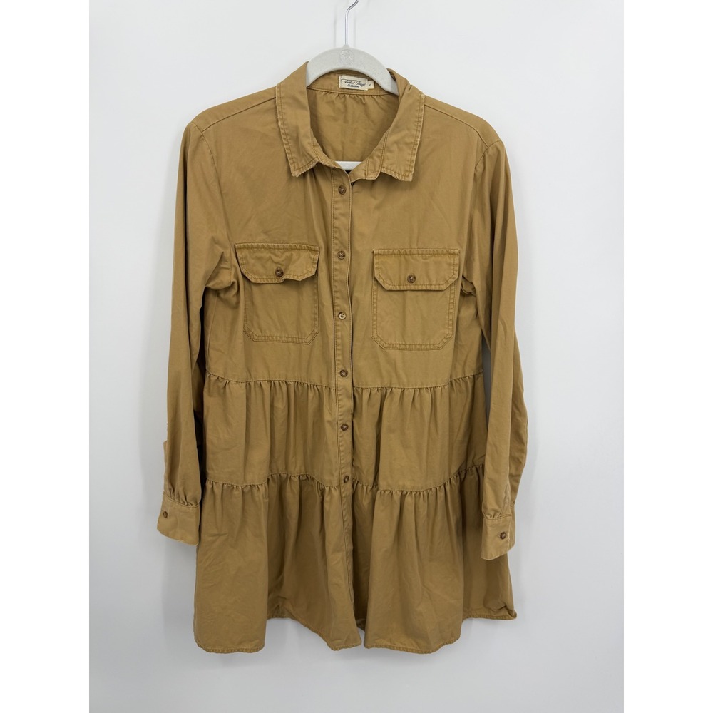 Tasha Polizzi Tiered Shirt Dress Womens Medium Tan Cotton Twill Long Sleeve Mini